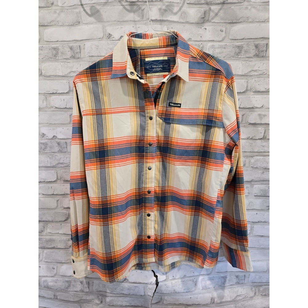 Tellus Foothills Flannel Men L Major Brown Snap Up Shirt Gorpcore Sustainable